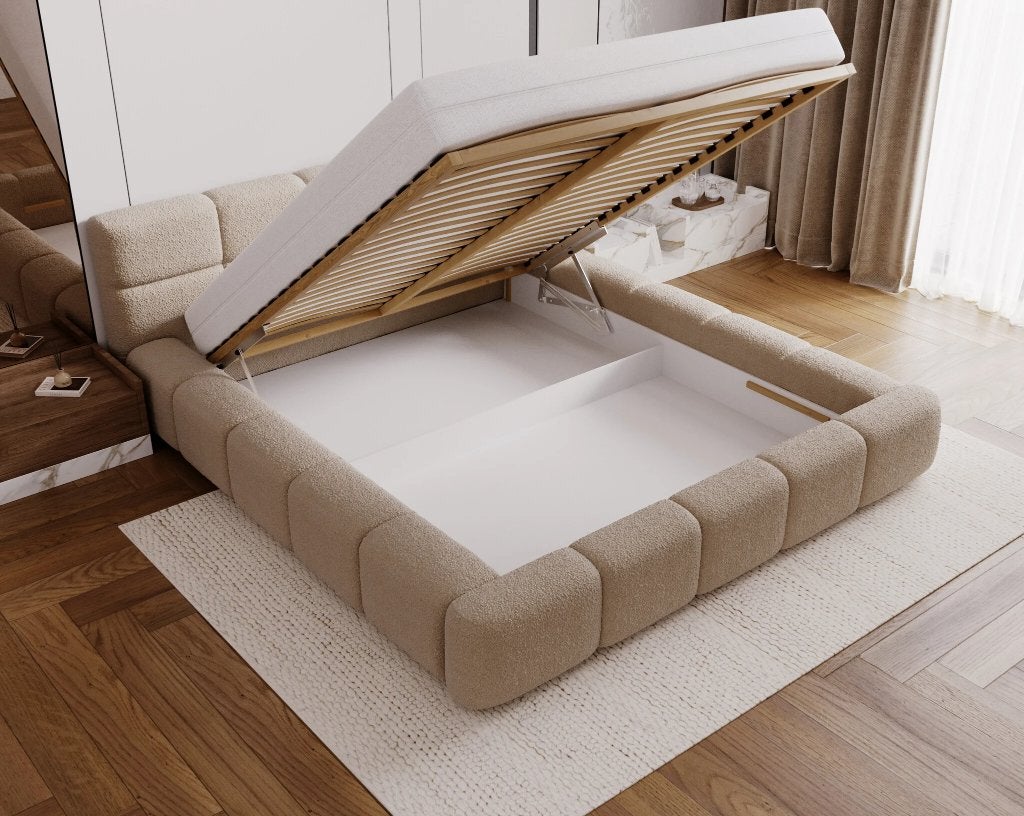 ACTIE Opbergbed 140 x 200 - Donkerbeige | GRATIS Matras, Verstelbaar, Beige, 200 cm, Modern
