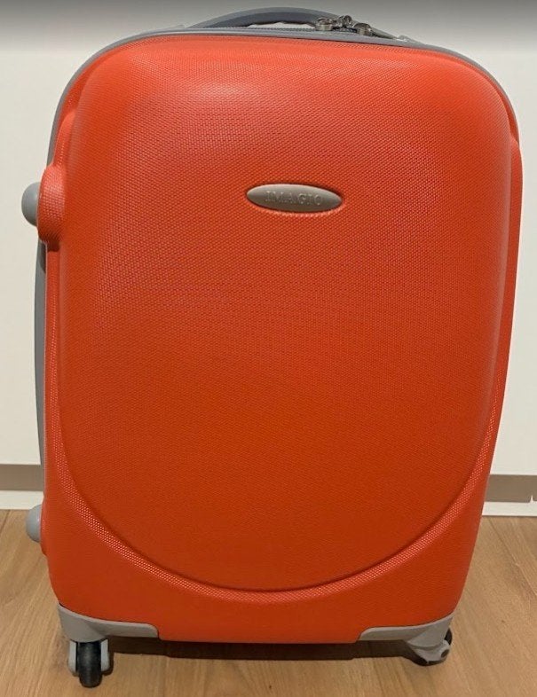 Koffer, klein, oranje, 4 wielen, uittrekbaar hengsel, Ophalen, Wieltjes, Gebruikt, 50 tot 60 cm