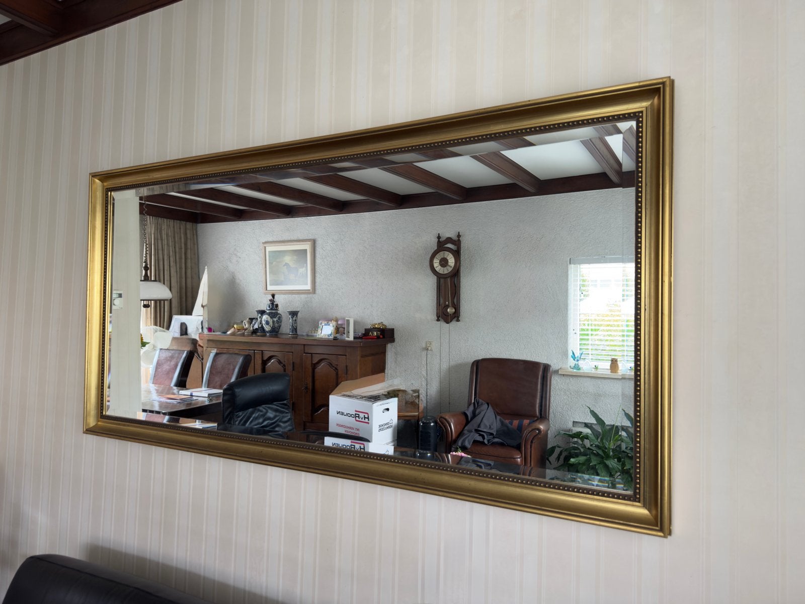 Grote rechthoekige spiegel met gouden lijst 160 x 80, Huis en Inrichting, Ophalen, 125 cm of meer, Zo goed als nieuw, Minder dan 100 cm
