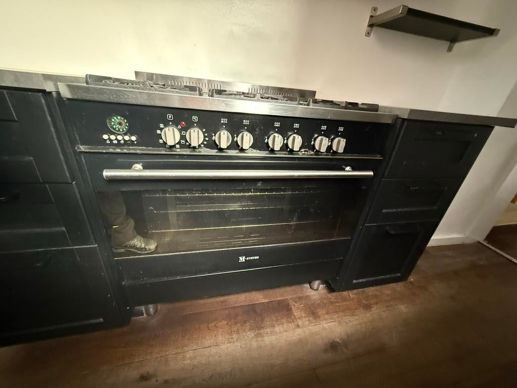 M-System Fornuis met Gasfornuis en Oven - Zwart/RVS, Witgoed en Apparatuur, Fornuizen, Ophalen, Hete lucht, 60 cm of meer, Zo goed als nieuw