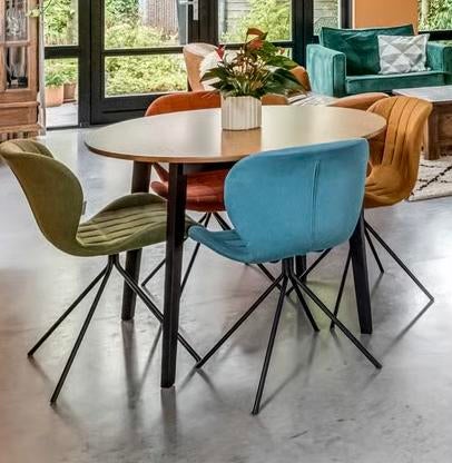 Ronde eettafel hout met zwarte poten, Ophalen, Eikenhout, 100 tot 150 cm, Rond