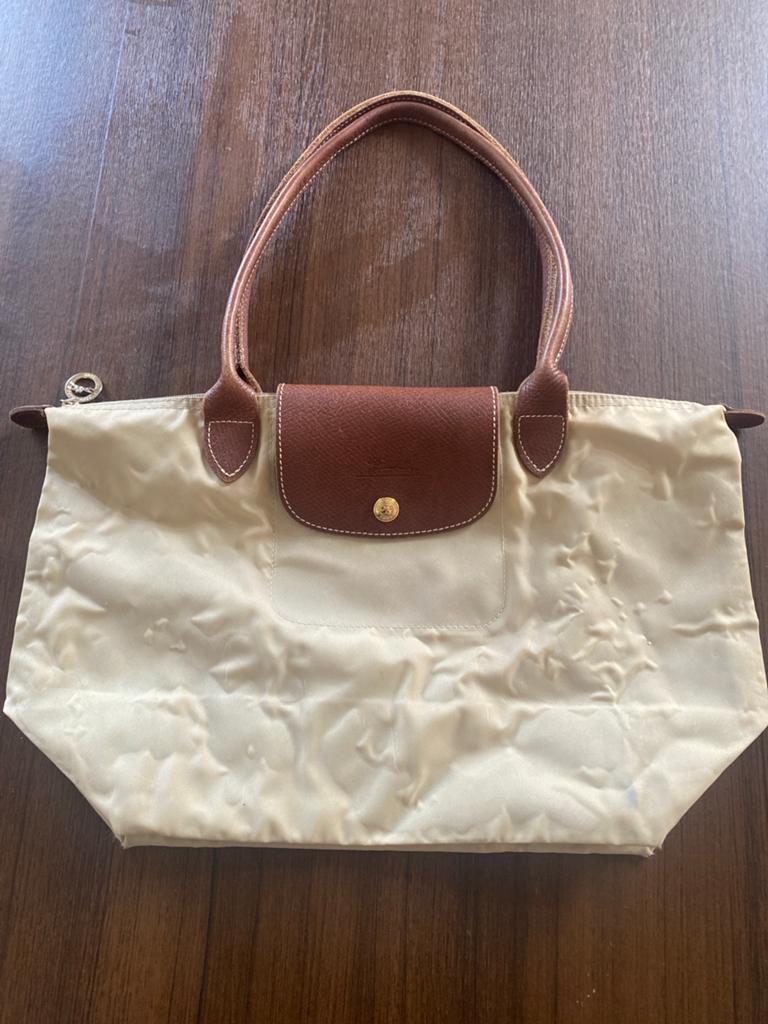 Vintage Longchamp tas merk M, Ophalen, Gebruikt, Beige, Handtas