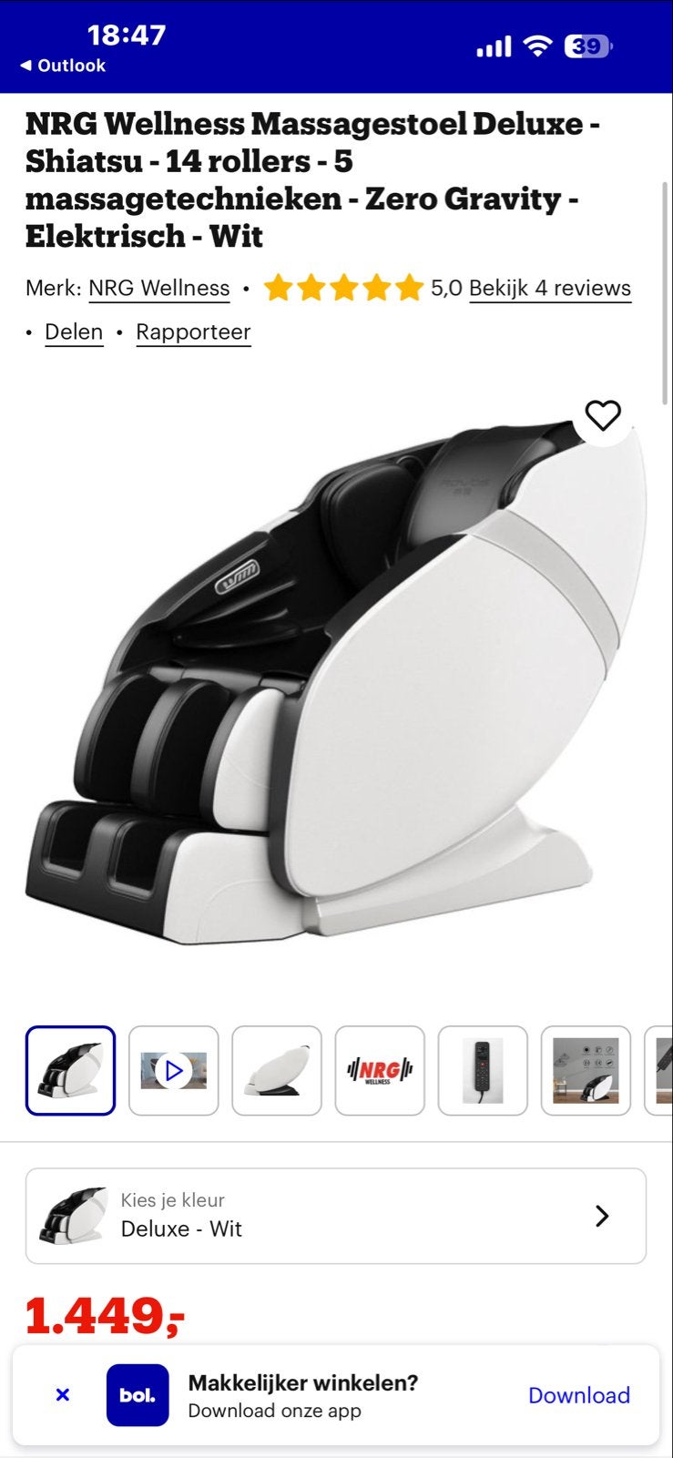 NRG Wellness Massagestoel Deluxe - Shiatsu - Wit, Sport en Fitness, Massageproducten, Ophalen, Zo goed als nieuw, Massagestoel of Kussen