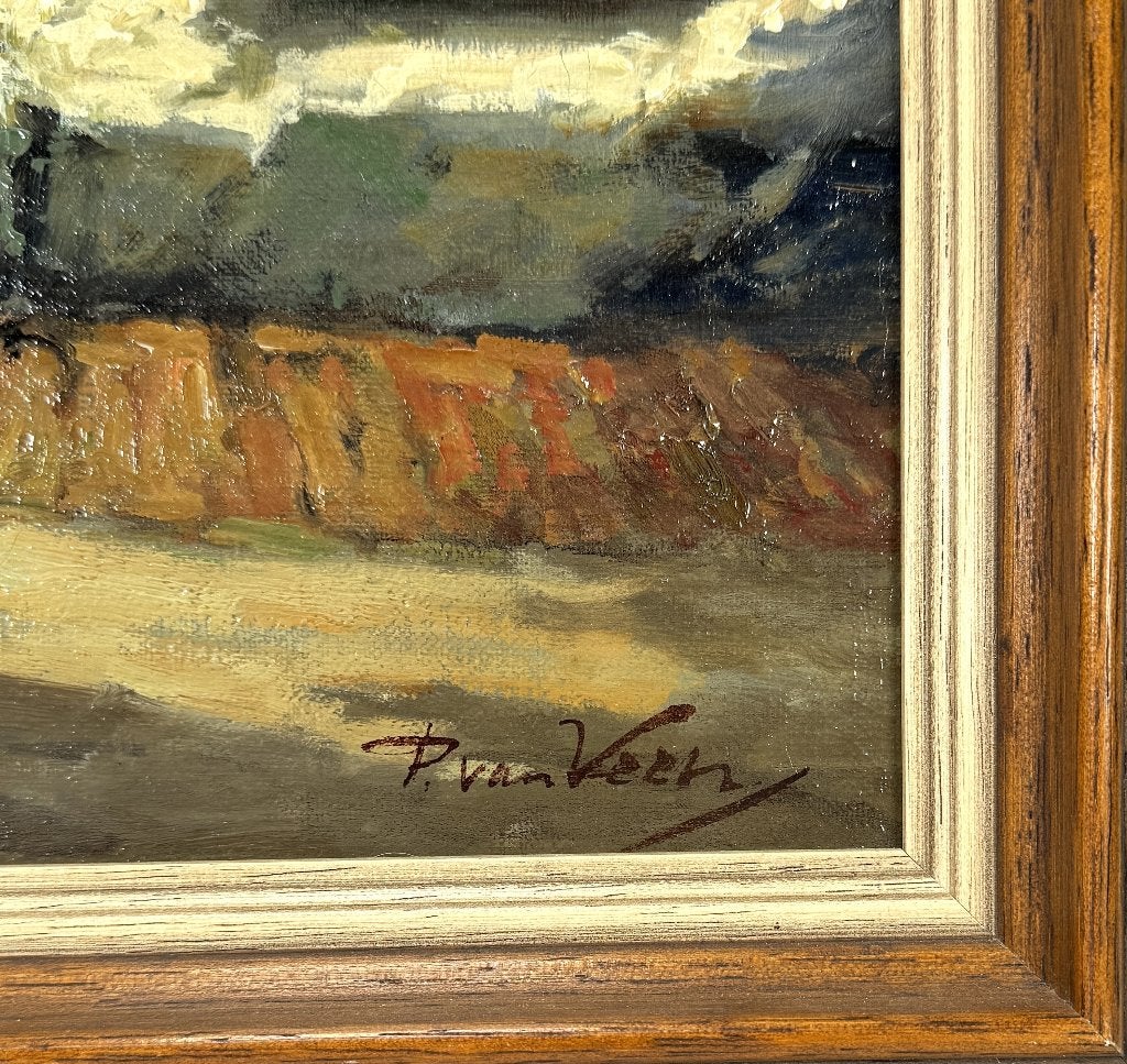 673. Olieverfschilderij, P. van Veen – dorpsgezicht 20e eeuw, Ophalen