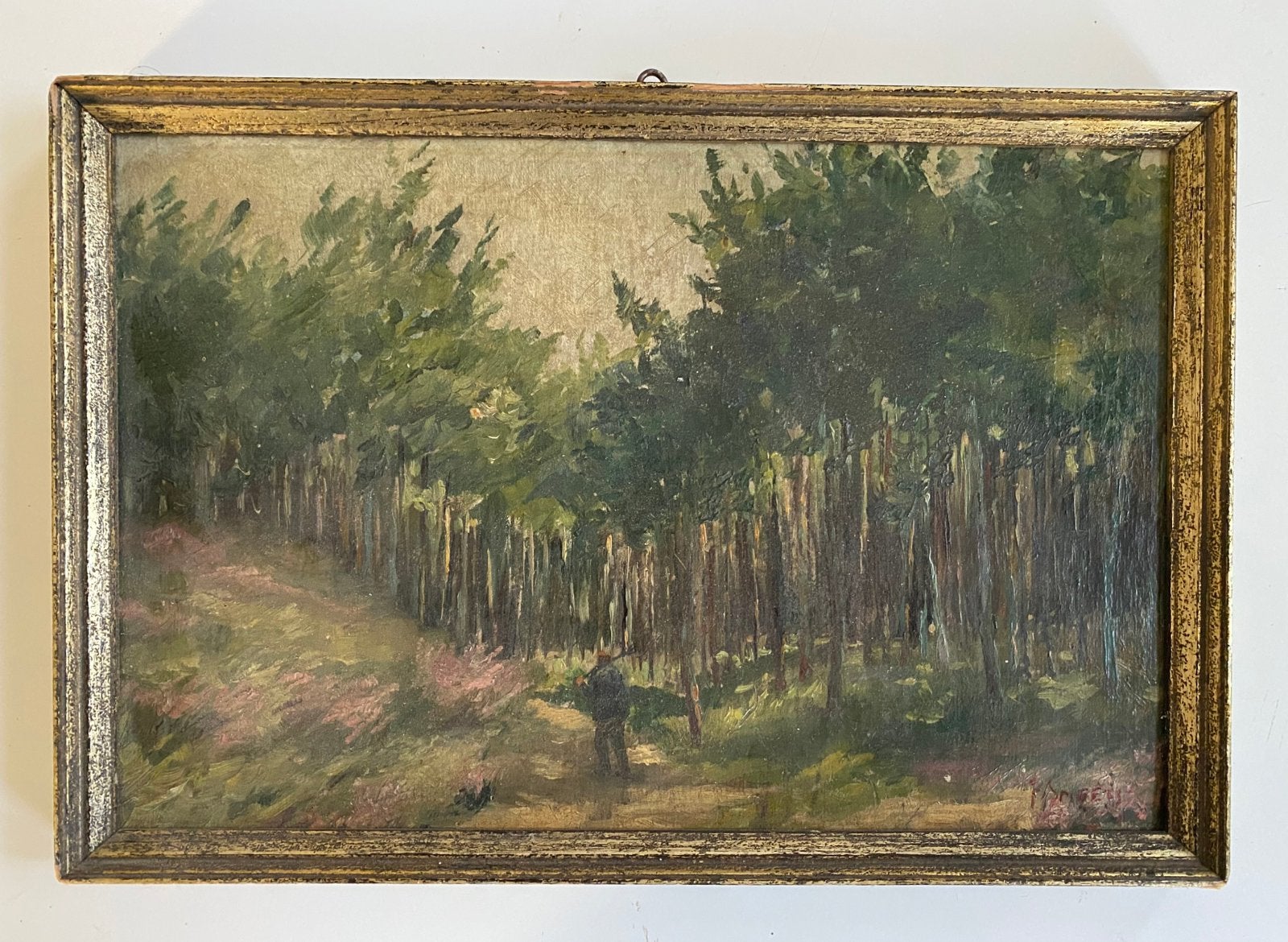Klein antiek schilderij arbeider in de natuur F. Smeets, Paneel, Verzenden, Impressionistisch, Gesigneerd