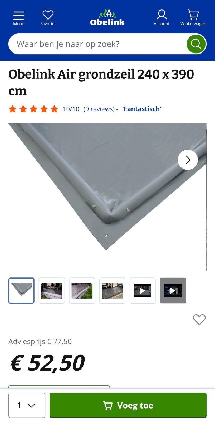 Obelink Air opblaasbaar grondzeil 240x390 - nette staat, Ophalen of Verzenden, Zo goed als nieuw