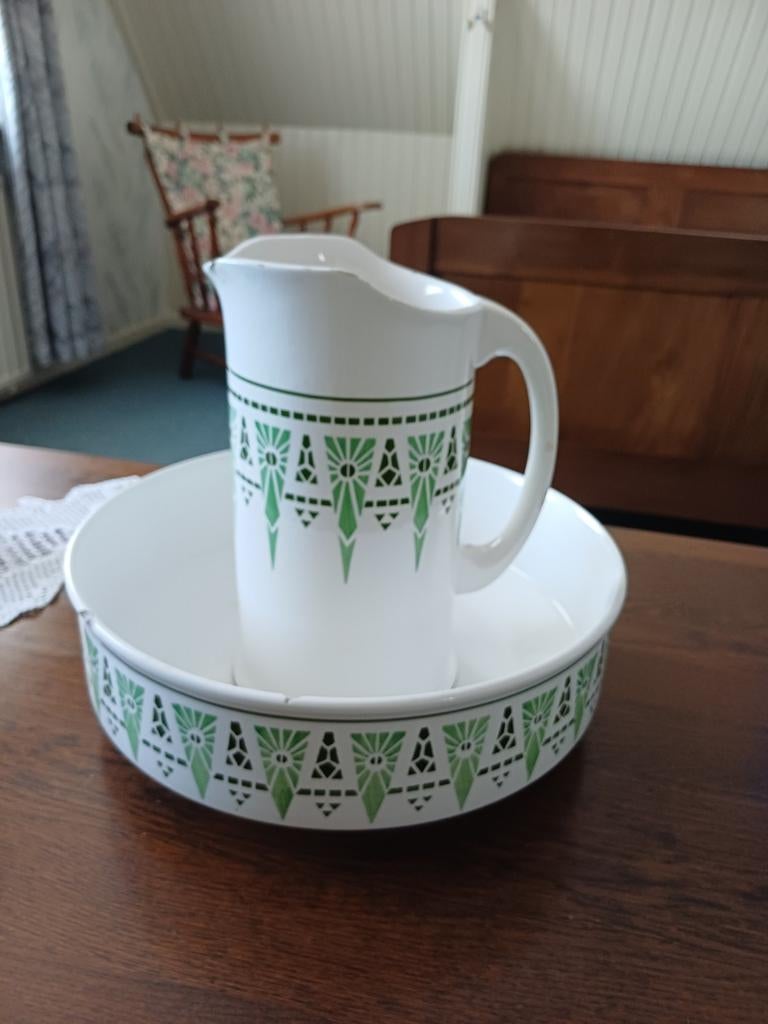 Vintage waskom en kan set - Groen decor, Antiek en Kunst, Antiek | Emaille, Ophalen of Verzenden