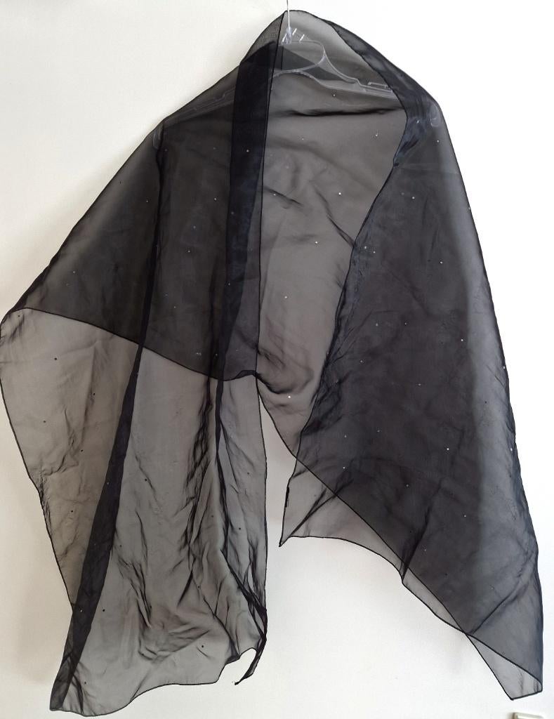 Sjaal, zwart transparant met zilveren steentjes, Kleding | Dames, Mutsen, Sjaals en Handschoenen, Ophalen of Verzenden, Zo goed als nieuw