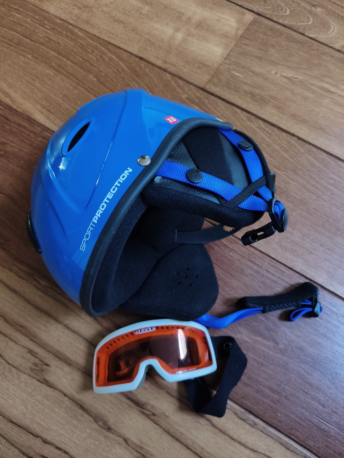 Blauwe skihelm met skibril - Maat XS (53/54), Ophalen, Gebruikt, Skiën, Overige typen