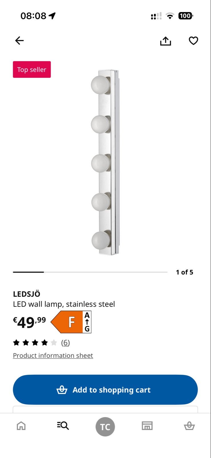 IKEA LEDSJÖ LED wandlamp, roestvrij staal, 60 cm, Huis en Inrichting, Lampen | Wandlampen, Ophalen, Nieuw, Metaal