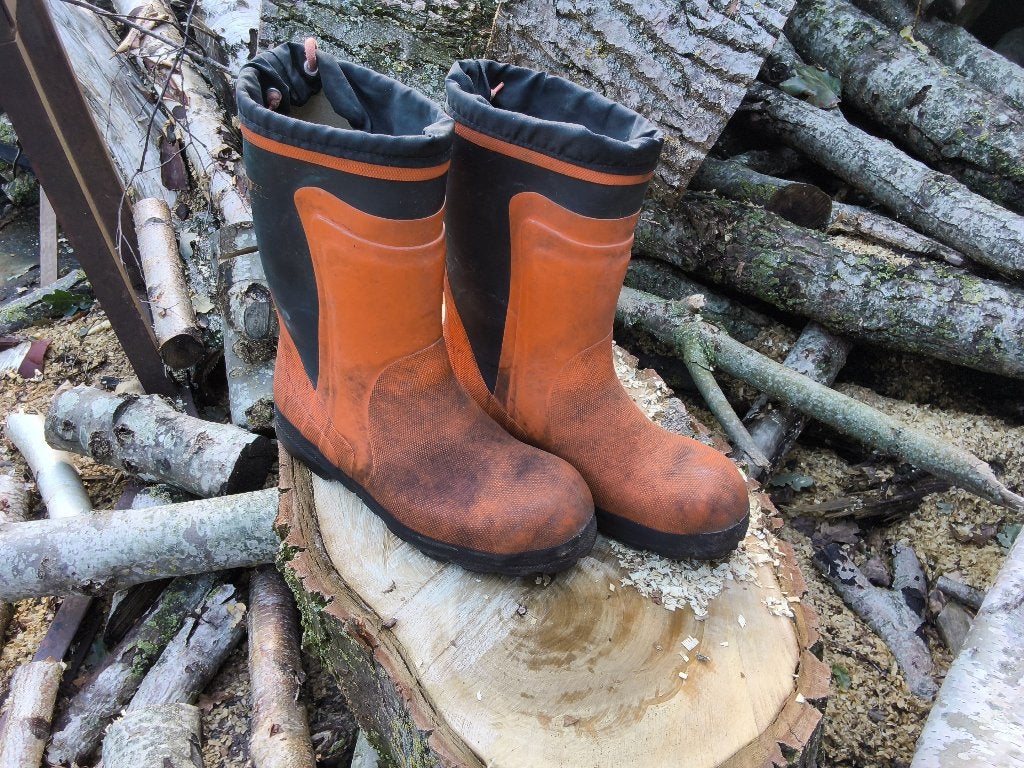 Stevige oranje zaag- werklaarzen, maat 43, Tuin en Terras, Ophalen, Stihl, Gebruikt, Heren