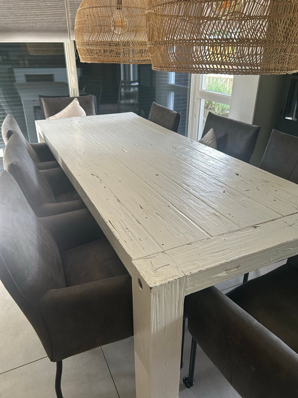 Witte eettafel 250x100 cm Teak, Ophalen, Gebruikt, 100 tot 150 cm, 200 cm of meer