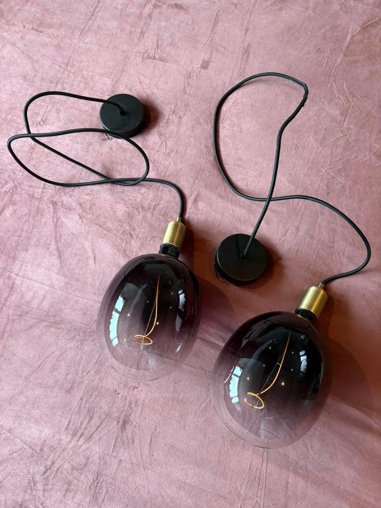 2x pendel goudkleurig met XXL lamp grijs ombre, Ophalen, Zo goed als nieuw, Glas, Minder dan 50 cm