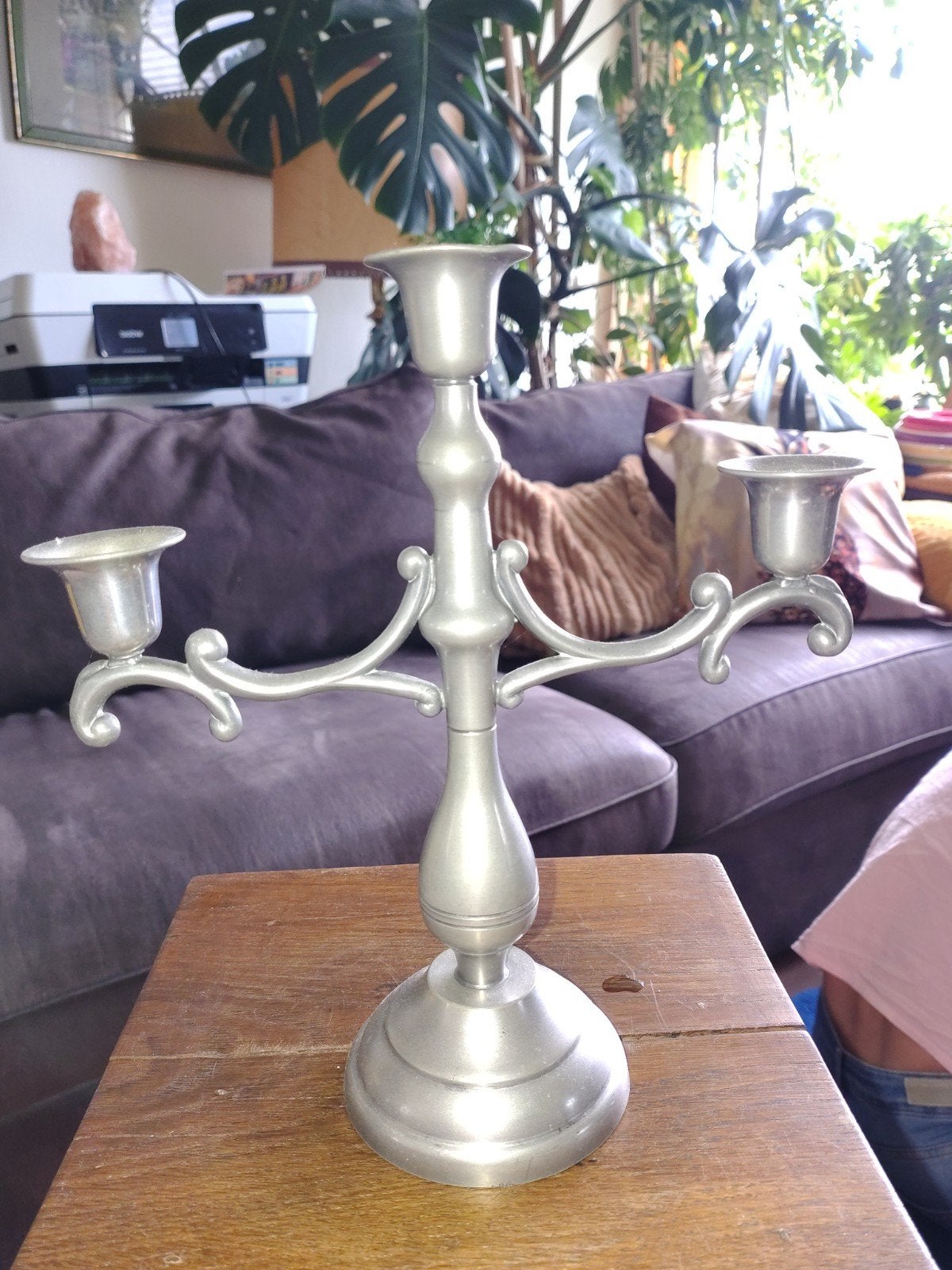 Antieke tinnen kandelaar met drie armen, Antiek en Kunst, Ophalen of Verzenden