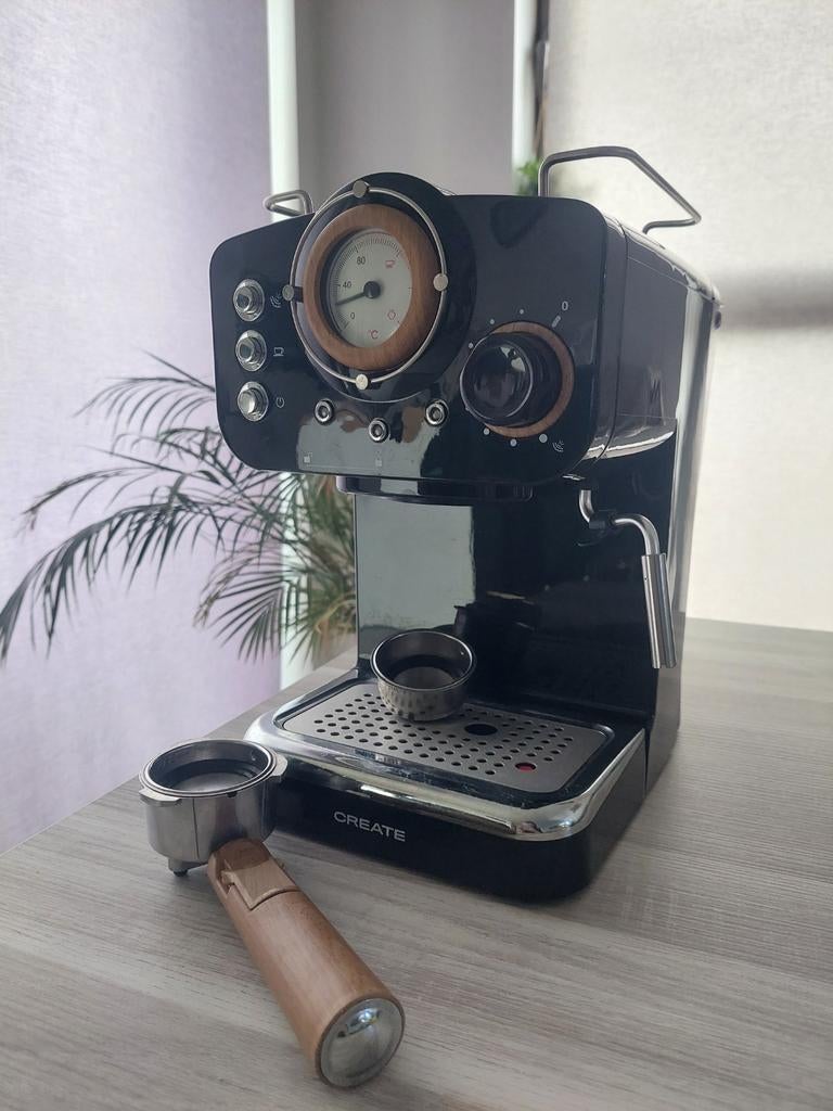 CREATE Retro Express Koffiemachine - Zwart & Naturel Hout, Witgoed en Apparatuur, Koffiezetapparaten, Ophalen, Koffiemachine, Gemalen koffie
