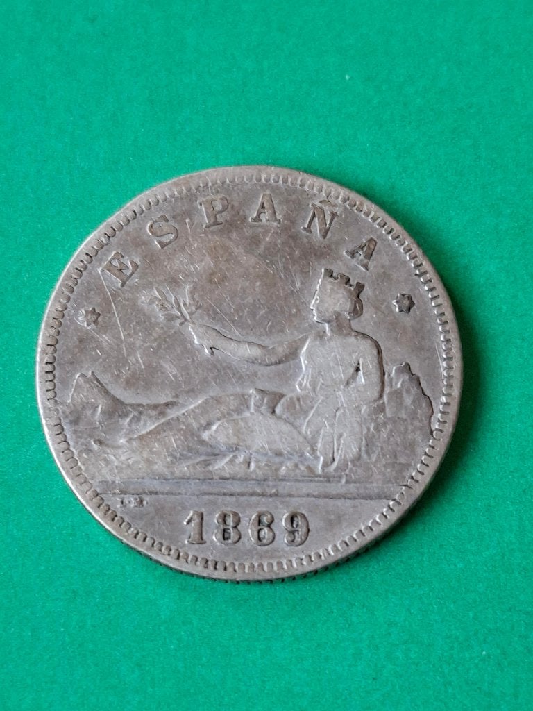 1869 Spanje 2 pesetas in zilver, Verzenden, Overige landen, Losse munt, Zilver