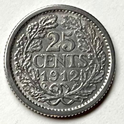 Nederlands Wilhelmina kwartje uit 1912 (64% zilver), Postzegels en Munten, Munten | Nederland, Zilver, 25 cent, Ophalen of Verzenden
