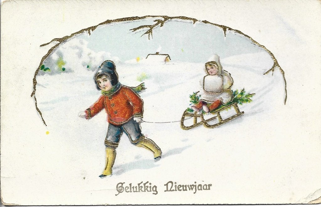 Antiek*Gelukkig Nieuwjaar*Goudopdruk*Kinderen m slee*Sneeuw, Ophalen of Verzenden, Voor 1920, Gelopen, Feest(dag)