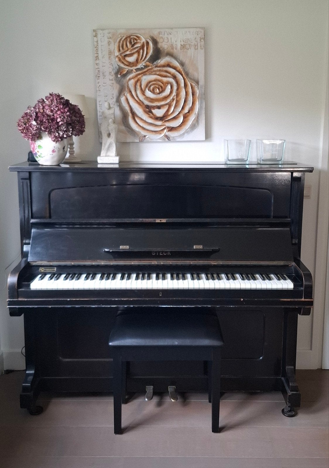 Antieke zwarte Steck Piano van C. Quispel Rotterdam met kruk