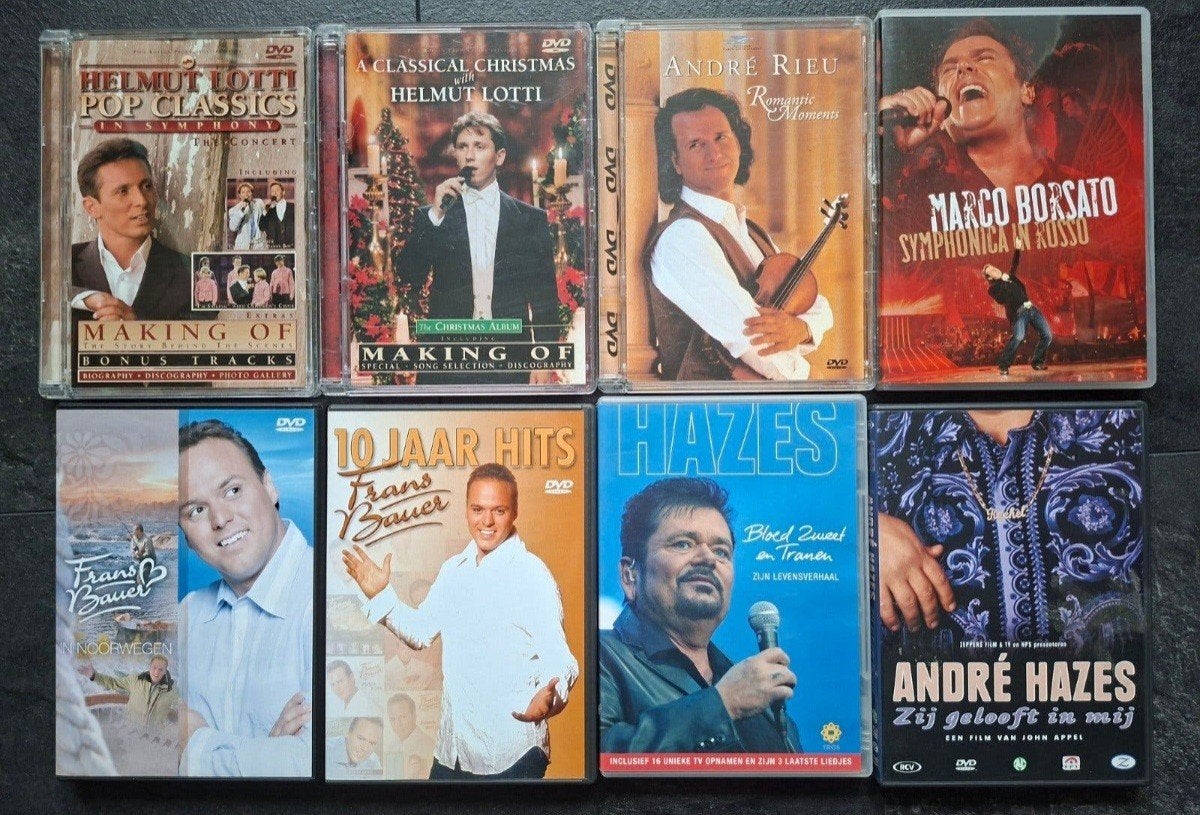 Diverse DVD's: oa Rieu, Borsato, Bauer, Hazes, Lotti, Ophalen, Gebruikt, Alle leeftijden, Concert