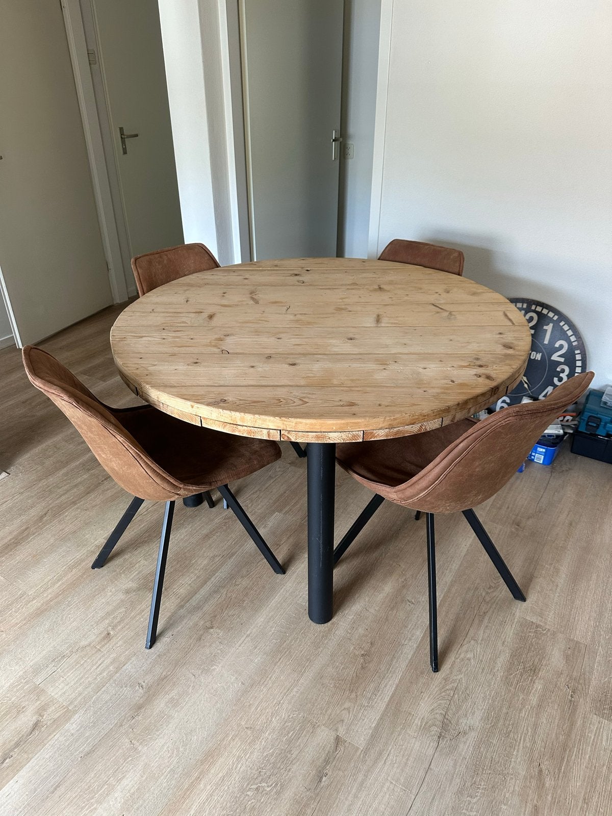 Eettafel set met 4 stoelen - 130cm rond, Ophalen, Gebruikt, 100 tot 150 cm, Rond