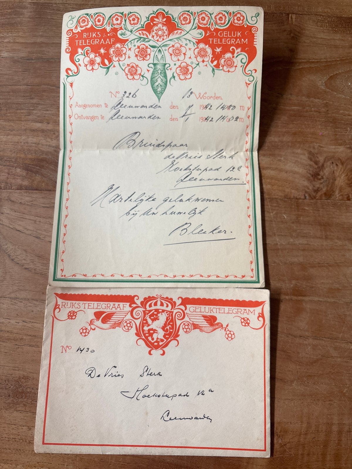 Oud Rijkstelegraaf Gelukstelegram uit 1942 met envelop, Verzenden, Brief