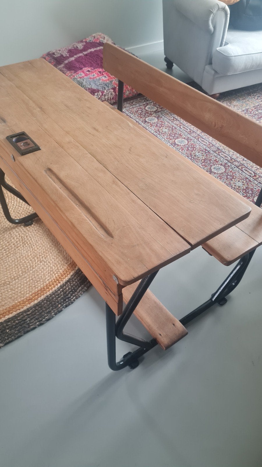Vintage schoolbankje met bankje - Hout en metaal, Ophalen