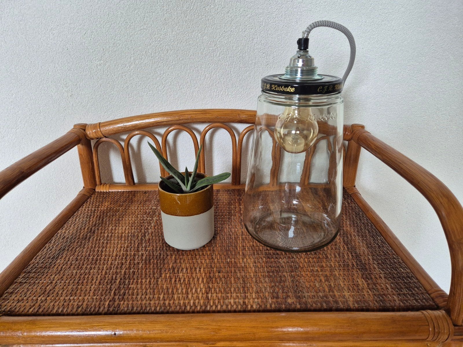 Unieke Industriële Kesbeke Hanglamp / Augurkenpot Lamp, Ophalen of Verzenden, Rond, Hout
