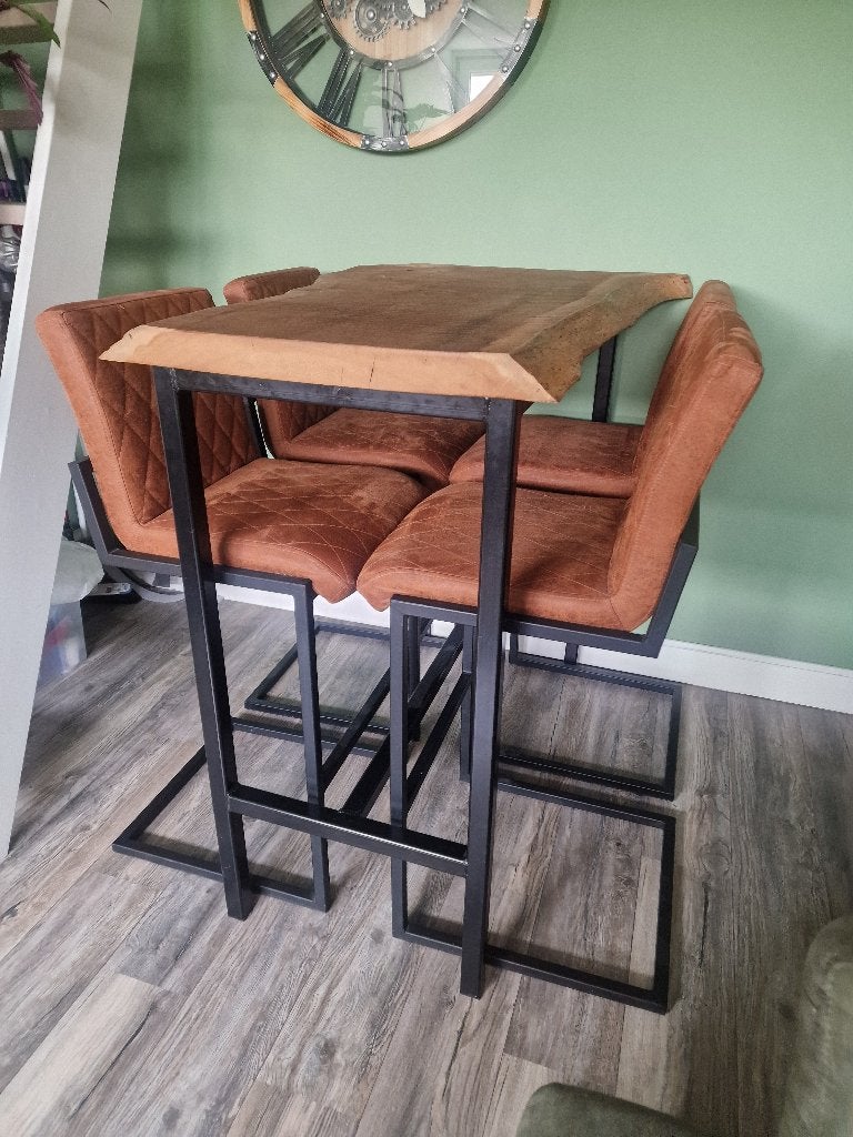 Hoge bartafel / eettafel met 4 stoelen – industriële set, 100 tot 150 cm, 50 tot 100 cm, Zo goed als nieuw, Industriël tree eet/bar tafel