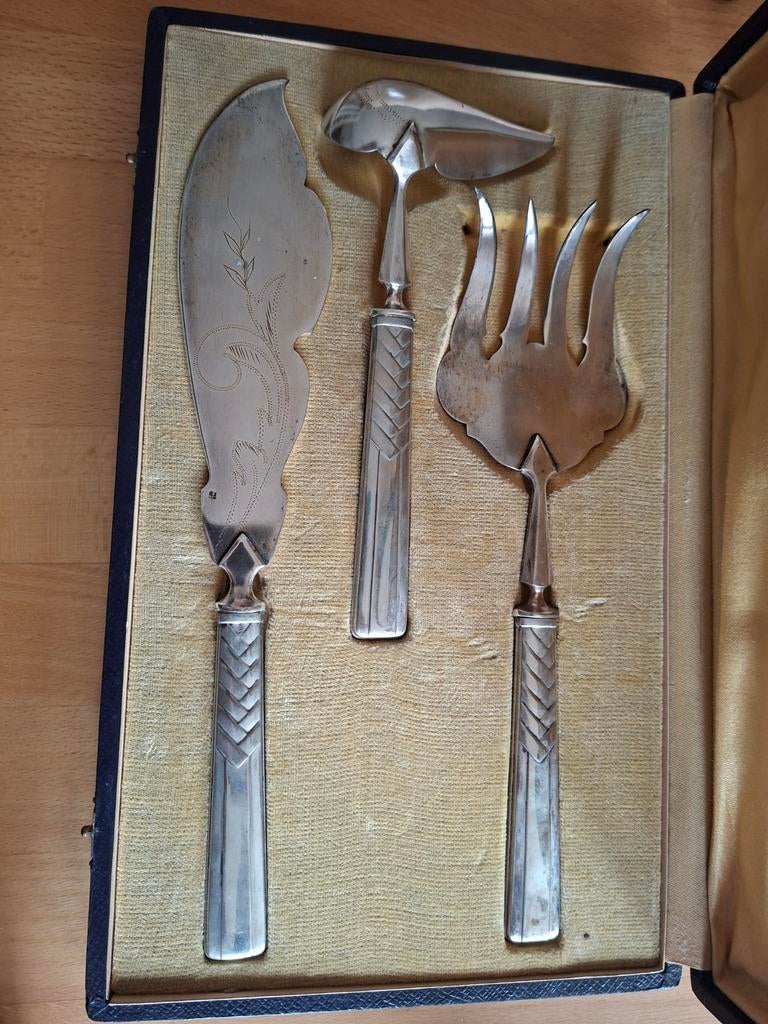 Vintage verzilverd visbestek in originele doos, Antiek en Kunst, Ophalen of Verzenden