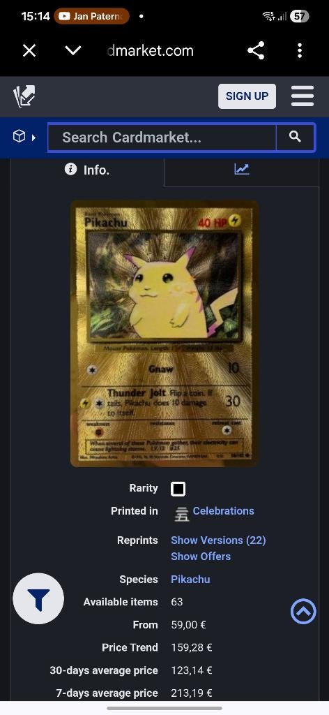 Pikachu (CEL BS 58), Ophalen of Verzenden, Zo goed als nieuw, Losse kaart