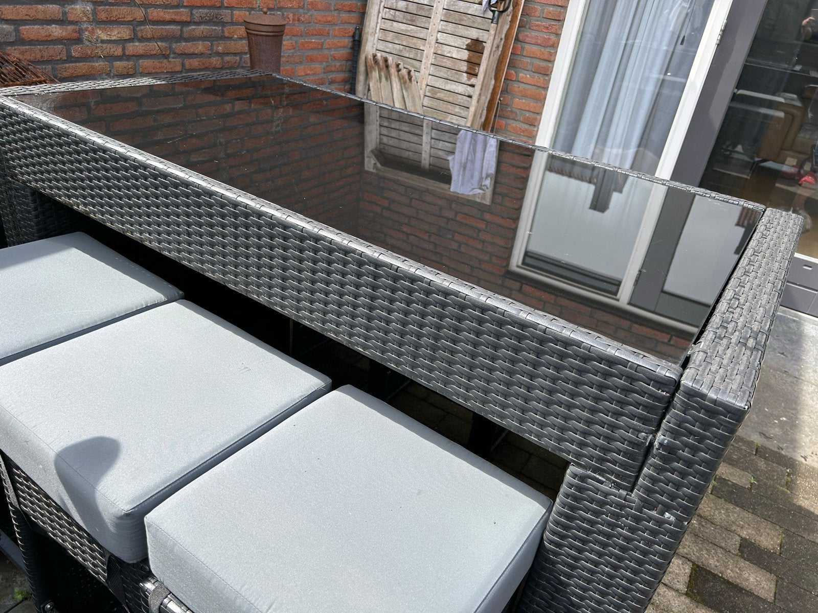 Wicker bar tuinset met glazen tafel en 6 krukken, Tuin en Terras, Tuinsets en Loungesets, Ophalen, Gebruikt, Eettafel, 6 zitplaatsen