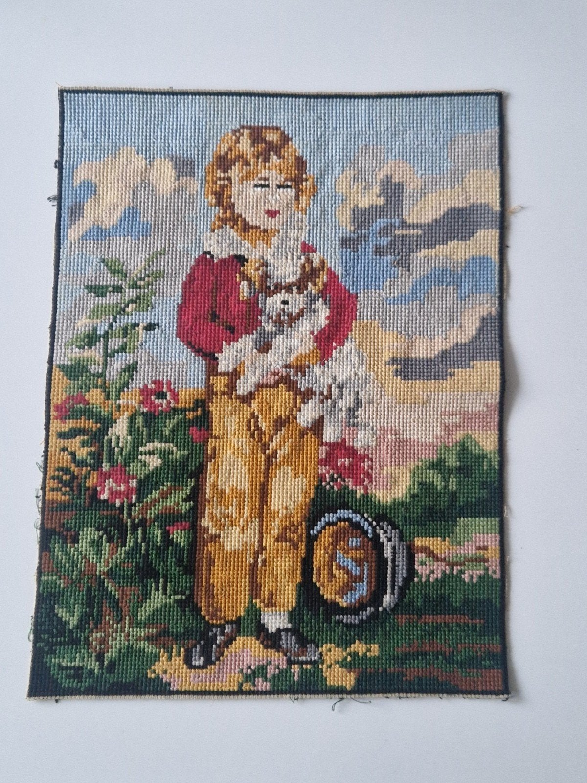 Vintage borduurwerk: Jongen met hondje, leuk voor tas/kussen, Ophalen