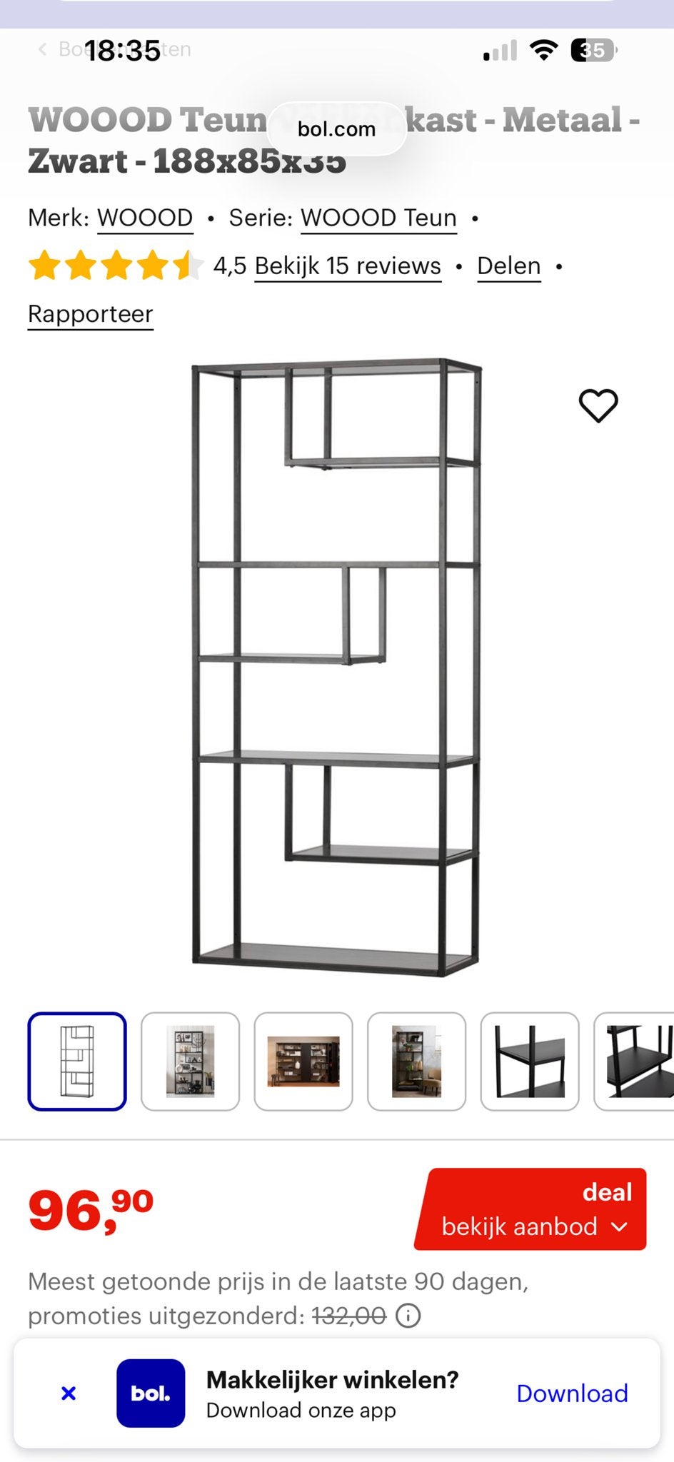 WOOOD Teun Kast - Metaal - Zwart - 188x85x35, Ophalen, Met plank(en), 50 tot 100 cm, Zo goed als nieuw