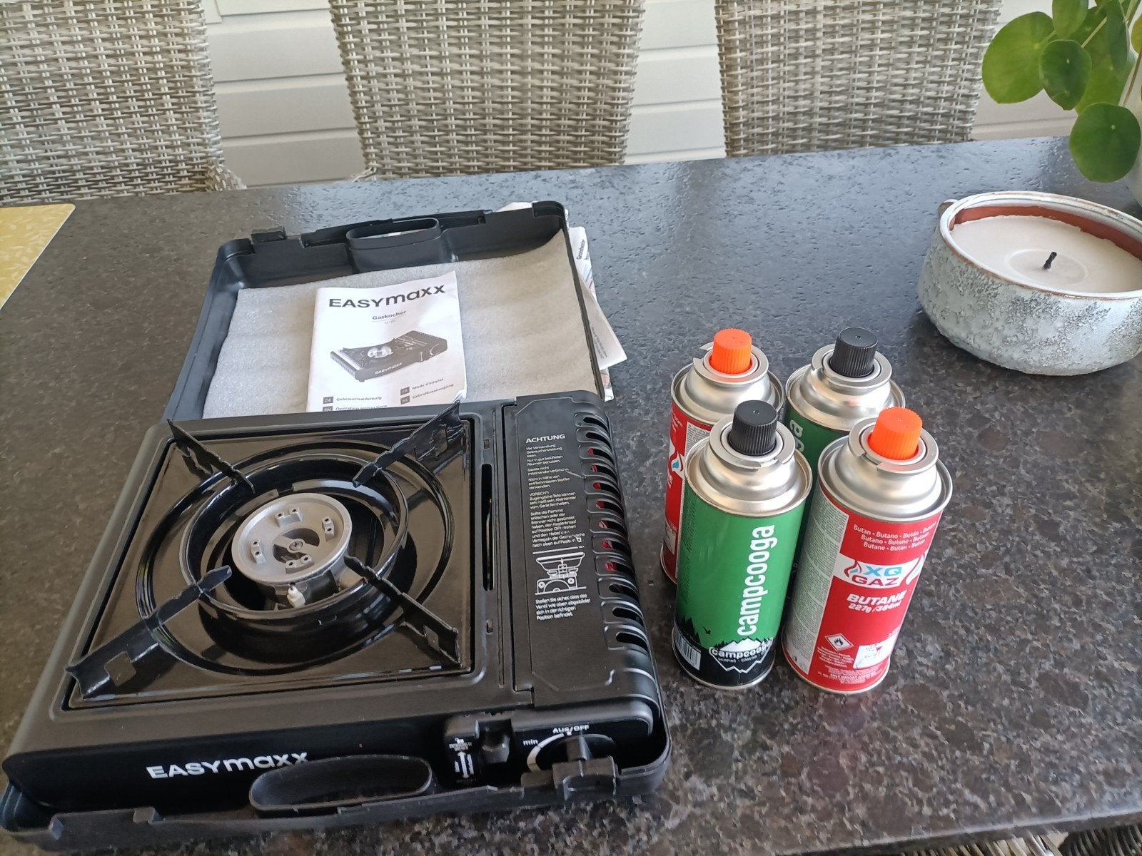 Easymaxx camping gas kooktoestel met 4 gaspatronen, Ophalen, Zo goed als nieuw