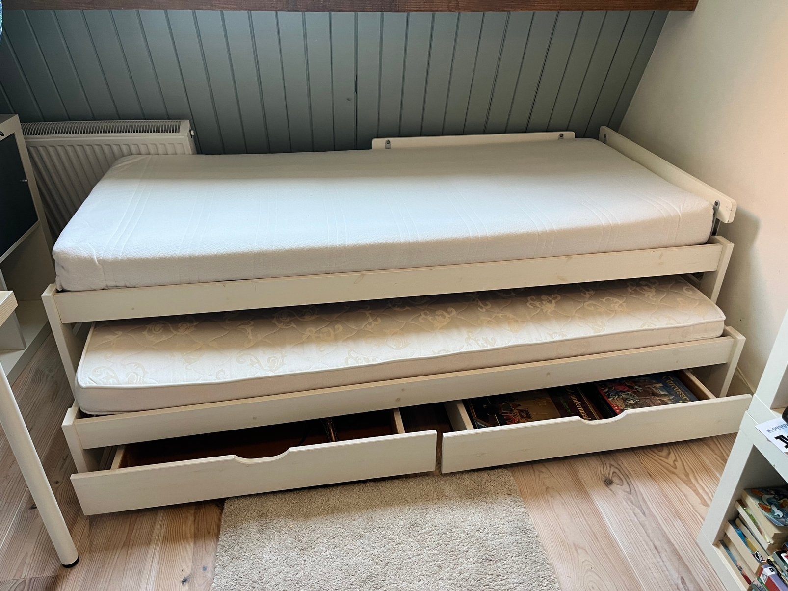 Bed met onderschuifbed en lades 200x100, Ophalen, Eenpersoons, Wit, 200 cm