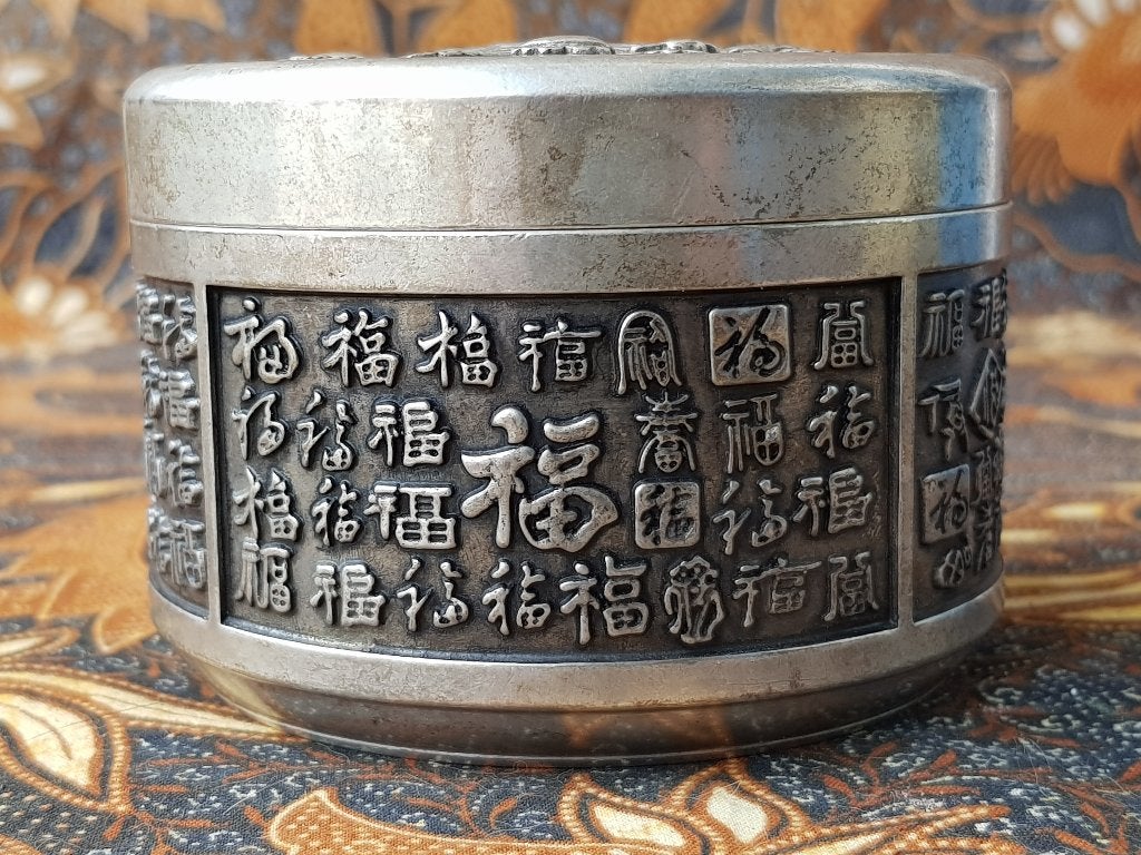Mooie antiek Chinees zilverbrons doosje met karakters 9,2 cm, Antiek en Kunst, Zilver, Gemerkt, Doos, Ophalen of Verzenden