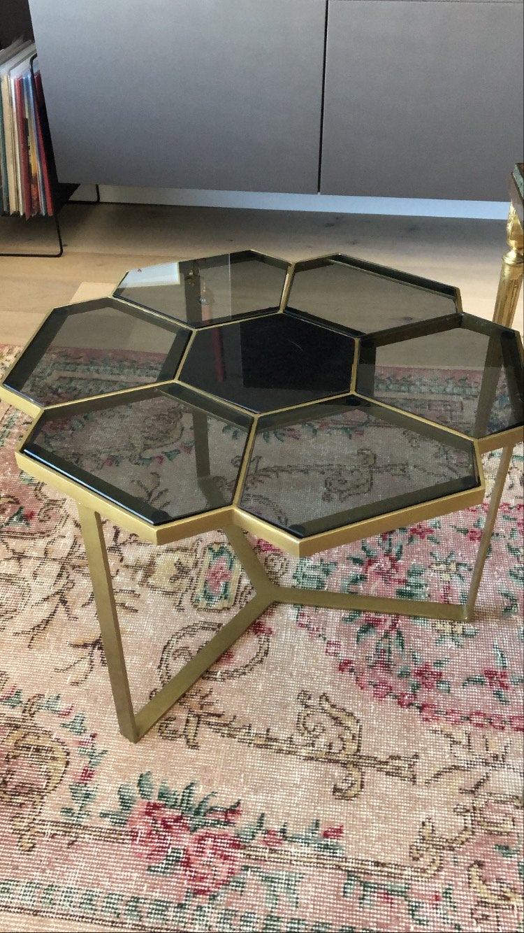 Bloemvormige salontafel met glazen blad en gouden frame, Ophalen, Zo goed als nieuw, Overige vormen, Glas