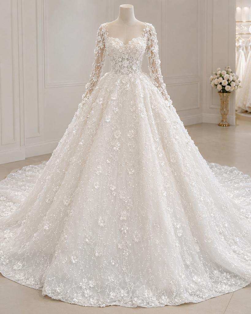 Prachtige trouwjurk maat S –prinsessenmodel met lange mouwen, Ophalen, Gedragen, Wit, Trouwjurk