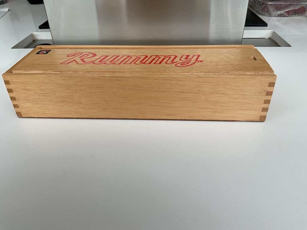 Vintage Rummicub in houten opbergkist, Ophalen, Gebruikt