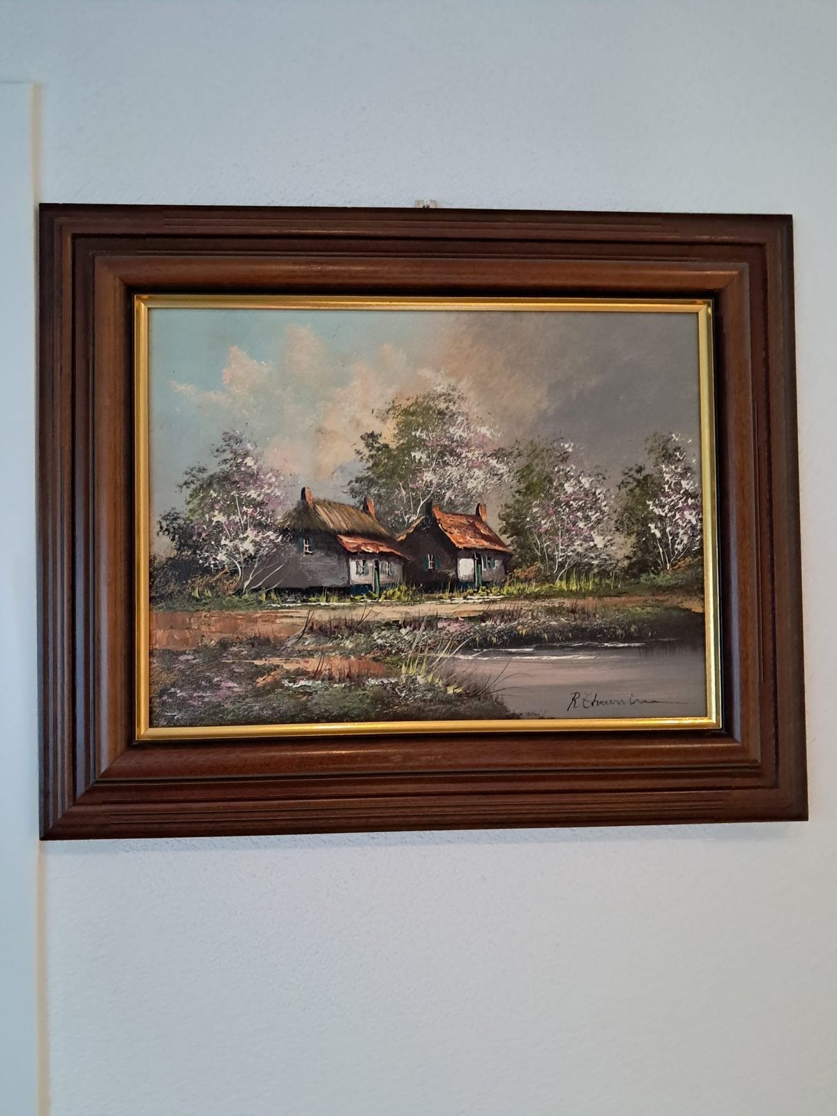 Schilderij R. Theunissen - Landschap met boerderijen, Ophalen, Doek, Realistisch, Gesigneerd