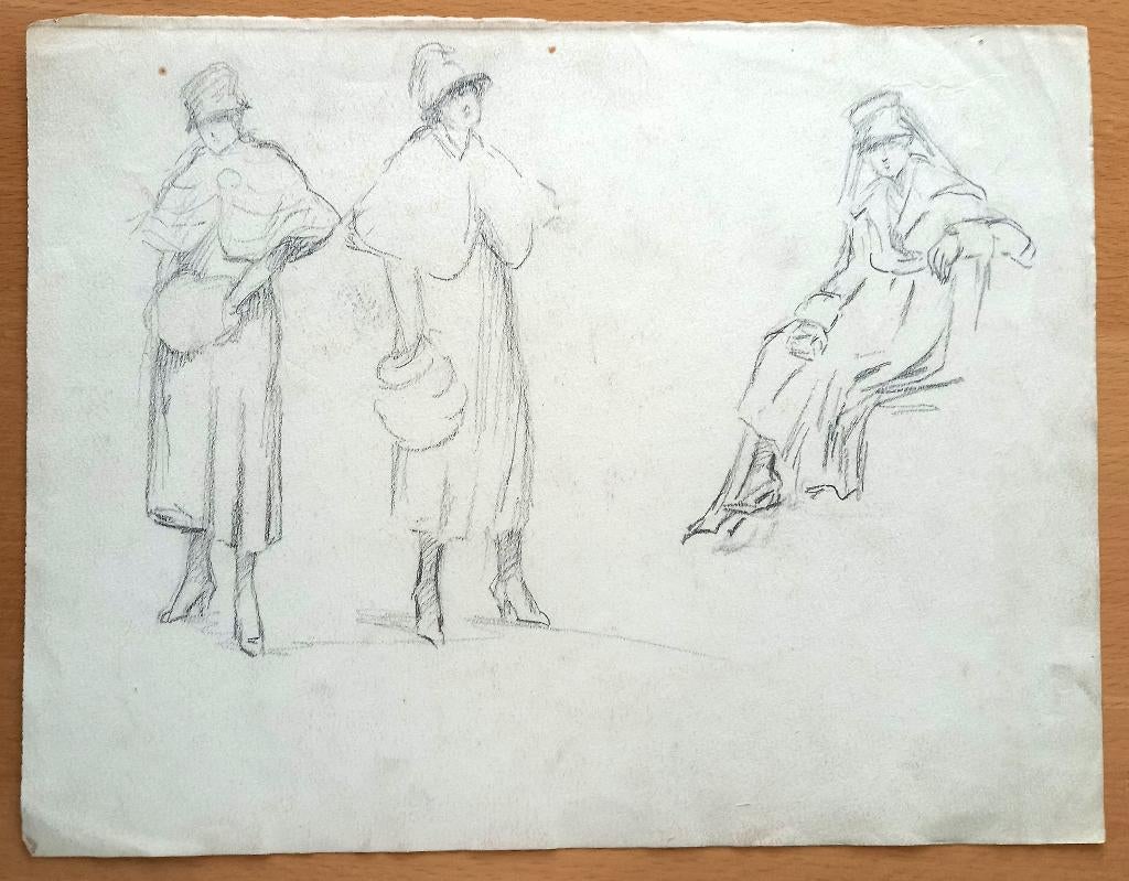 A493-55 Oude tekening Portret vrouw met hoed met sluier, Ophalen of Verzenden