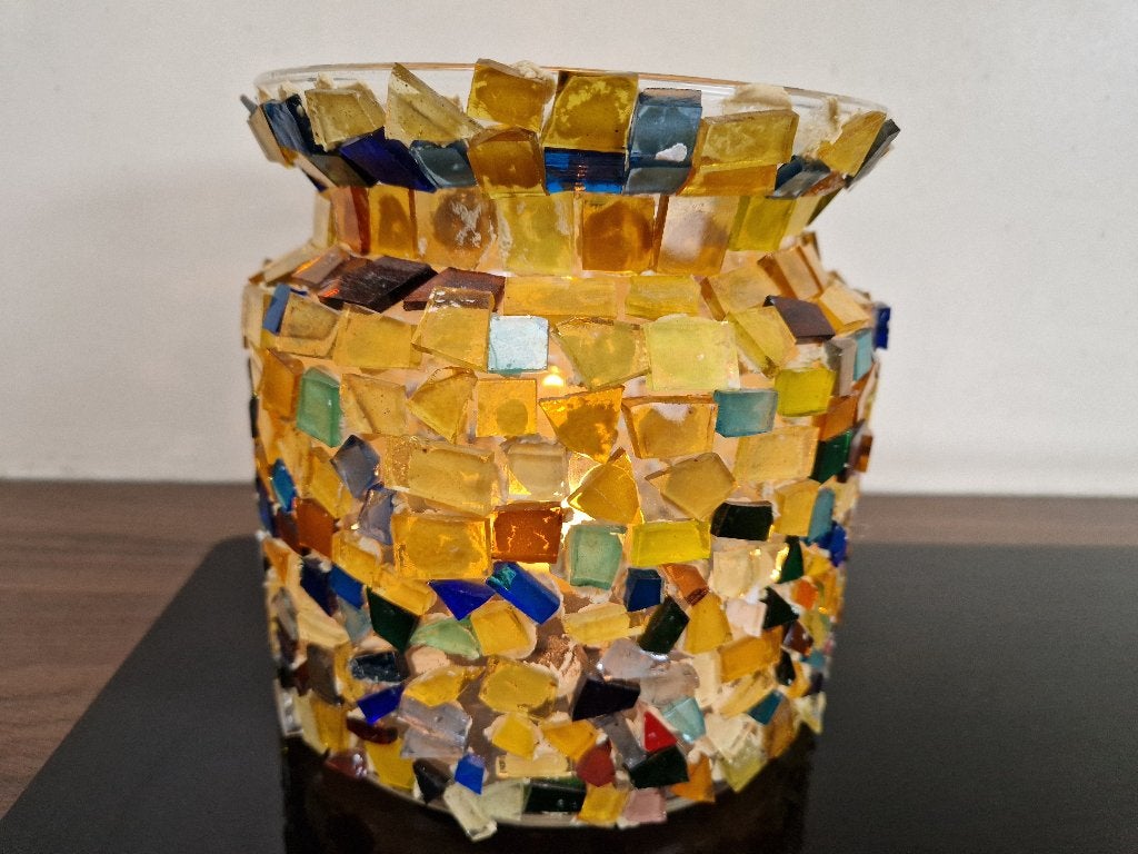 leuke mozaïek vaas voor theelichtje, Waxinelichthouder, Ophalen of Verzenden, 15 cm, Glas