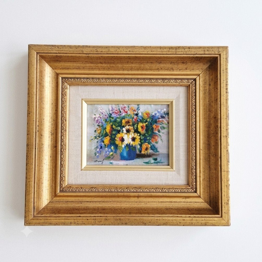 Bloemen schilderij in gouden lijst olieverf op paneel, Bloemen, Paneel, Ophalen of Verzenden, Handgeschilderd