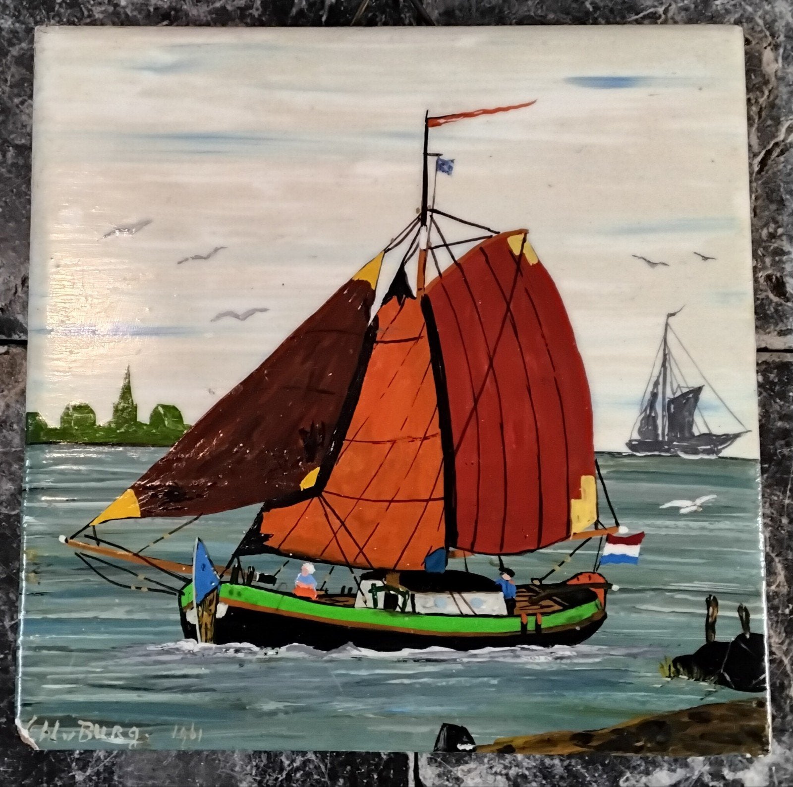 Geschilderde tegel met zeilschip - 15x15 cm kunstwerk, Ophalen of Verzenden