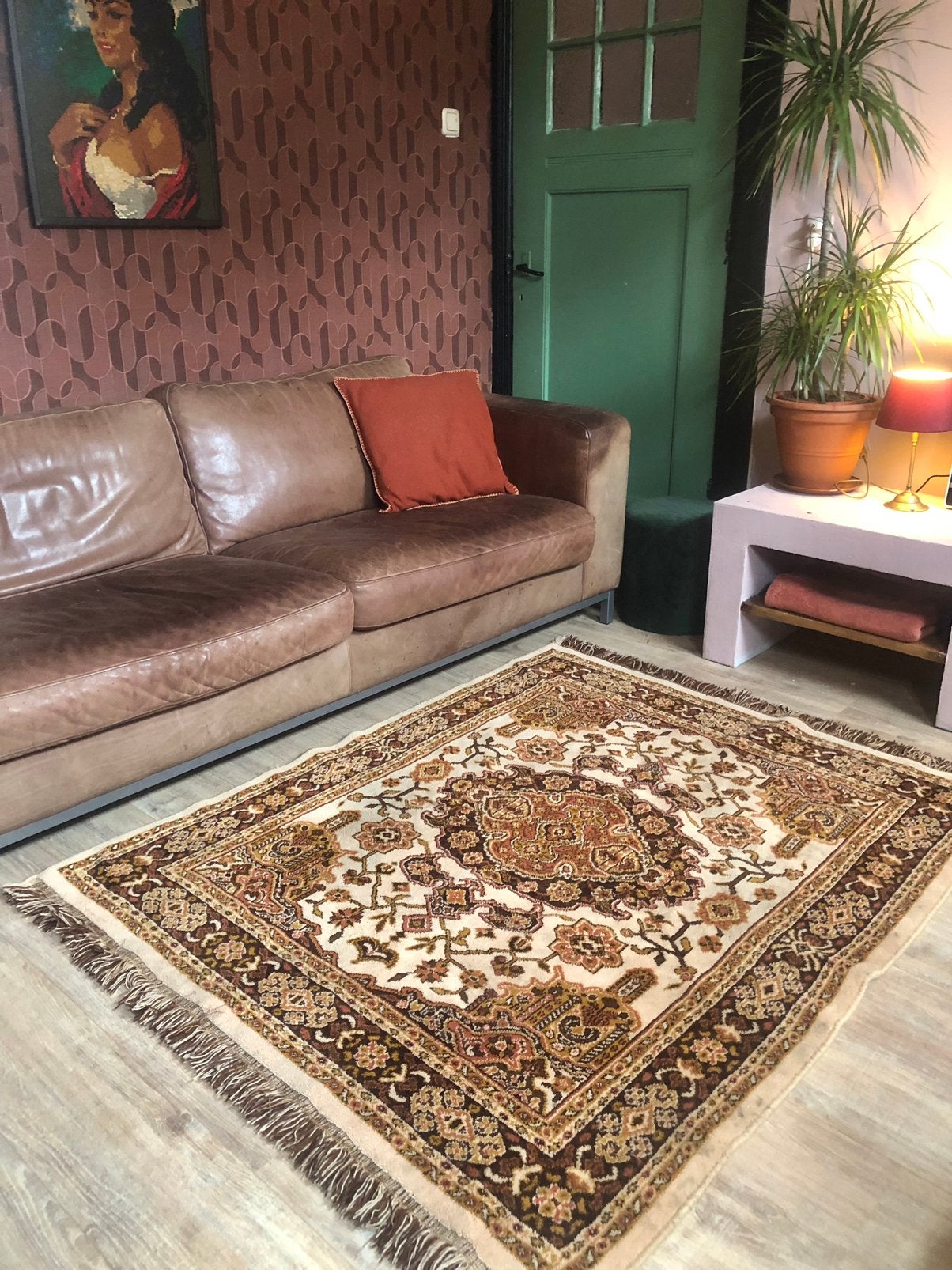Prachtig vintage perzisch tapijt oudroze okergeel, Huis en Inrichting, Bruin, 200 cm of meer, Ophalen of Verzenden, Zo goed als nieuw