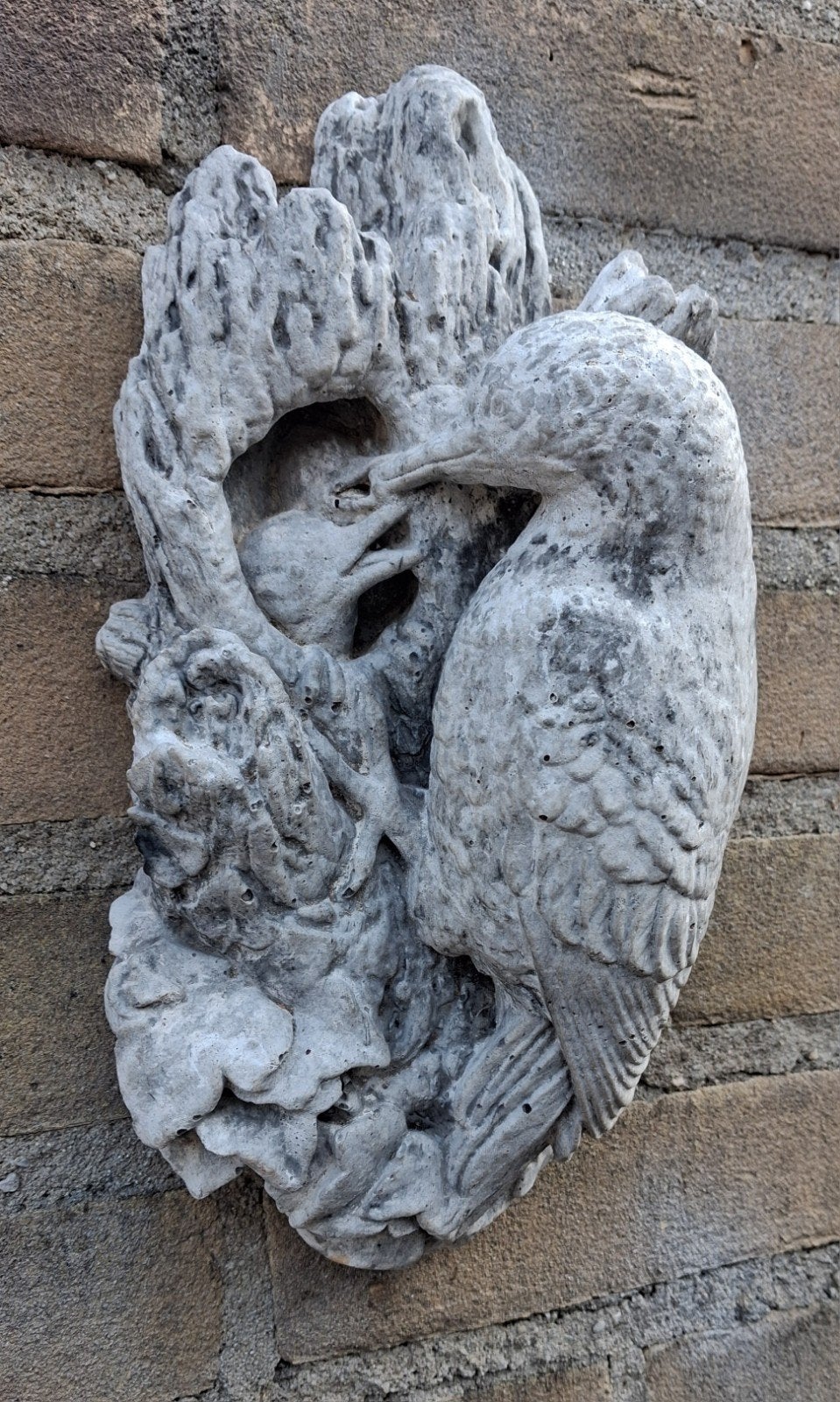 Specht met jongen. Betonnen wanddecoratie.  26 cm., Ophalen, Zo goed als nieuw, Beton, Dierenbeeld