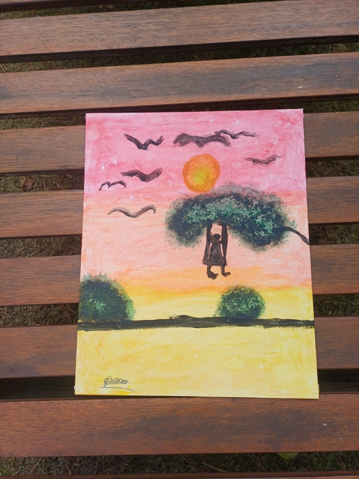Schilderij: Zonsondergang met figuur in boom, Realistisch, Landschap, Olieverf, Gesigneerd