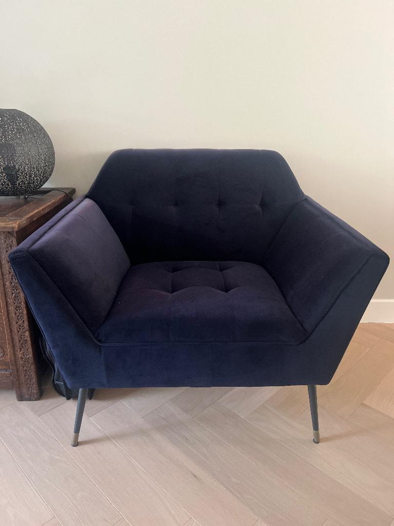 Dutchbone blauwe fauteuil, Huis en Inrichting, Fauteuils, Ophalen, Gebruikt, 75 tot 100 cm, 50 tot 75 cm