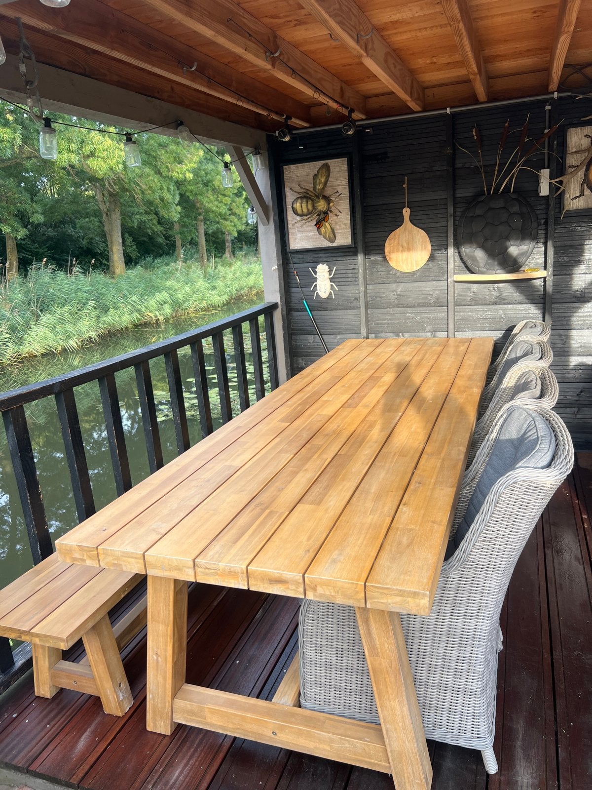 Houten tuintafel  met bank en stoelen, Ophalen, Gebruikt, Rechthoekig, Hout